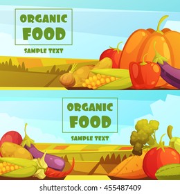 Organic grown farmer vegetables two horizontal retro countryside harvest banners with text sample abstract isolated vector illustration 