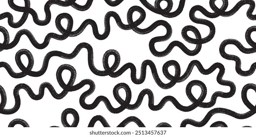 Organic grunge bold lines, squiggles. Black brushing shapes vector seamless pattern. Hand drawn grunge curly swirls, scribbles.