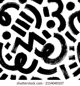 Organic grunge bold shapes, curved lines and dots. Geometric vector seamless pattern in Memphis style. Grunge swirled brush stroke, curly and straight lines. Hand drawn geometric pattern. Black ink