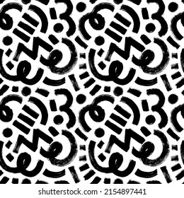 Organic Grunge Bold Shapes, Curved Lines And Dots. Geometric Vector Seamless Pattern In Memphis Style. Grunge Swirled Brush Stroke, Curly And Straight Lines. Hand Drawn Geometric Pattern. Black Ink