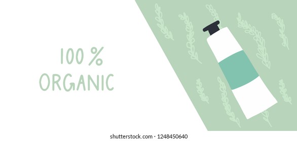 Organic hand cream banner Horizontal design template of brochures, booklets, posters, banners about organic cosmetics, organic shop. Vector illuatration.