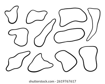 Organic Hand Drawn Blob Shape Line Art. A curated set of 11 hand drawn abstract blobs in minimalist line art style featuring organic curves, asymmetry, and flowing contours perfect for design accents