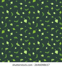 Patrón sin fisuras dibujado a mano orgánico con hojas verdes de limón, albahaca o menta sobre fondo oscuro, textura abstracta del follaje del eco, Ilustración vectorial para empaquetar, impresión textil, tela o Fondo de pantalla
