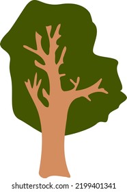 Organic hand-drawn tree for baby. Flat icon. Oak tree with green leaves to create forest background. Nature illustration. Cute kids clip-art themes of wildlife, oak grove. Funny childish print by hand