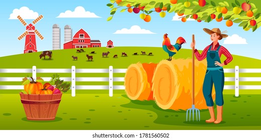 Organic harvest farm illustration with woman farmer holding pitchfork, cock,haystack, barn, mill, livestock. Rural countryside autumn background in flat cartoon style with fruit and vegetables harvest