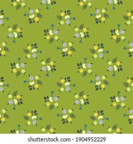 Cosecha orgánica sin soldadura con manzana botánica y siluetas de hojas. Fondo verde. Huella de comida. Ilustración bursátil. Diseño vectorial para textiles, tela, giftwrap, papel pintado.