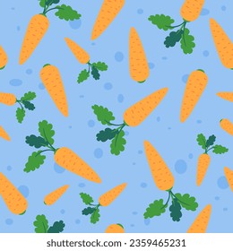 Organic harvested veggies, vegetables for cooking and healthy dieting. Carrots with leaves, tasty nutritious meal and snacks. Seamless pattern, background print or wallpaper. Vector in flat style