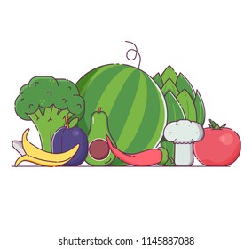 Organic harvesting concept with fresh fruits, vegetables and berries. Natural veggies set for healthy nutrition and diet. Raw vegan and vegetarian food pile isolated on white background.