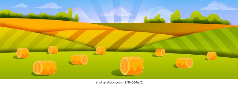 Organic haystack landscape with green fields, clouds, morning sky, sunrays. Rural farm illustration in flat style with yellow haystacks, green meadow, hills. Organic farming country view background 