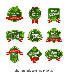 Organic health food badge seal design. Natural organic food sticker set. Farm product market signs in vector.