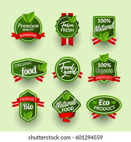 Organic health food badge seal design. Natural organic food sticker set. Farm product market signs in vector.