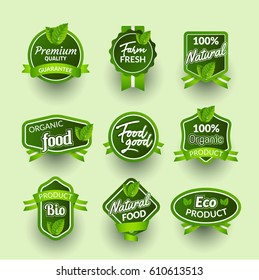 Organic health food badge seal design. Natural organic food sticker set. Farm product market signs in vector.