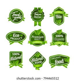 Organic health food badge seal design. Natural organic food sticker set. Farm product market signs in vector.