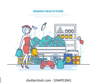 Organic health store. Shopping of products, from farming, gardening, buying in supermarket. Plants, organic clean eco products. Shop selling garden tools and eco food. Illustration thin line design.