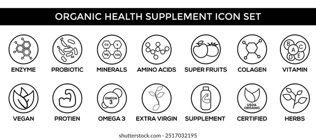 Organic Health Supplement Icons mit Enzym, Probiotik, Mineralien, Aminosäuren, Superfrüchten, Kollagen, Vitaminen, Vegan, Protein und USDA Organische Symbole für natürliche Produktdesigns