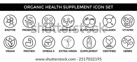 Organic Health Supplement Icons Featuring Enzyme, Probiotic, Minerals, Amino Acids, Super Fruits, Collagen, Vitamins, Vegan, Protein, and USDA Organic Symbols for Natural Product Designs