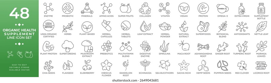Conjunto de linha de suplemento de saúde orgânica com alimentos naturais, extratos de ervas, superalimentos, vitaminas e minerais para bem-estar e nutrição coleção ilustração