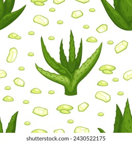 Organic and healthy aloe vera ingredients with leaves and gel flesh. product with healing and soothing effect, cosmetics care. Seamless pattern, wallpaper background print. Vector in flat style