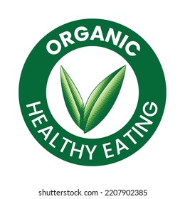 Organic Healthy Eating Round Icon with Engraved Green Leaves isolated on a White Background