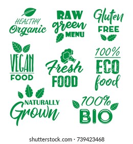 Organic, healthy, eco,  naturally grown, gluten free, fresh food stickers, badges.