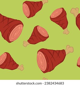 Organic and healthy farm meat product, pork or turkey smoked meal. Food ingredient for cooking and dieting, balanced eating. Background or wallpaper, seamless pattern print. Vector in flat style