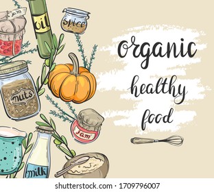 Organic healthy food. Banner with food and kitchenware