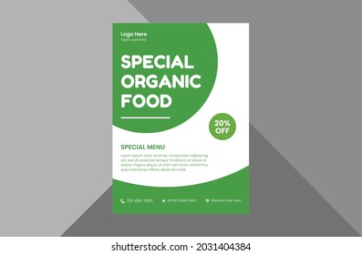 organic healthy food flyer template. vegetarian restaurant poster leaflet design. a4 template, brochure design, cover, flyer, poster, print-ready