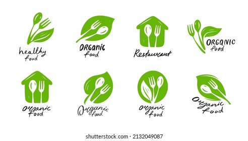 Organic healthy food. Fork, spoon and green leaves. Natural logo icon vector template
