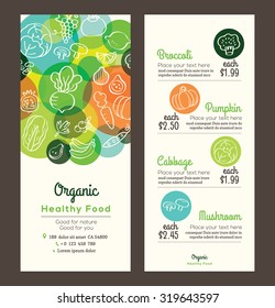 Organic healthy food with fruits and vegetables doodles illustration design template for menu flyer leaflet