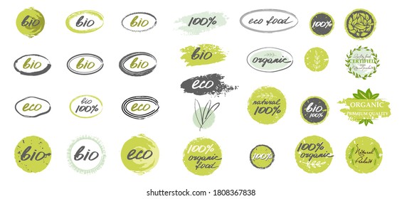 Organic healthy food labels. Natural healthy meal fresh diet products logo stickers.  Bundle of hand drawn labels or tags. Vegetarian eco products lettering handwritten. Creative vector illustration.