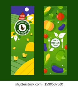 Organic healthy food from local farmers, fresh eco products, vector illustration. Vertical banners in flat style for organic grocery store or website. Naturally grown fruits and vegetables, green farm