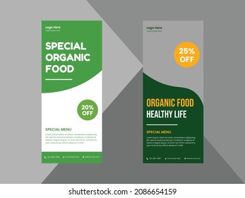 organic healthy food roll up banner template. vegetarian restaurant poster leaflet design. cover, roll up banner, poster, print-ready