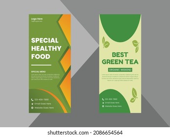 organic healthy food roll up banner template. vegetarian restaurant poster leaflet design. cover, roll up banner, poster, print-ready