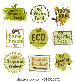 Organic and healthy food set of vector vintage emblems, elements, stamps and logo templates for restaurant menu or product package with hand drawn brush strokes