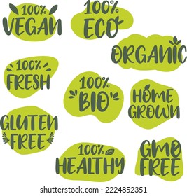 Organic healthy food sticker, label and badge. Icon set for natural products. Vector illustration.