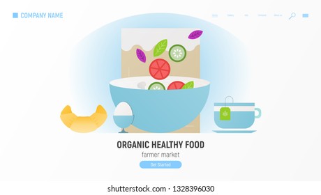 Organic Healthy Food Website Page - Diet Products and Kraft Package. Foods that help Healthcare. Vector Illustration.