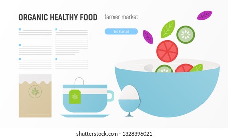 Organic Healthy Meal Website Page - Diet Products and Kraft Packaged. Foods that help Healthcare. Vector Illustration. Web Page Design Templates for Farm Fresh Food.
