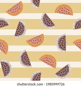 Organic healthy seamless pattern with random brown and orange lemon slice print. Striped background. Flat vector print for textile, fabric, giftwrap, wallpapers. Endless illustration.
