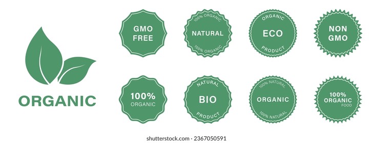 Organic Healthy Vegan Food Badge Set. Non Gmo, Gmo Free Label Icons. 100 Percent Ecological Symbol. Natural Eco Product Stamp. Herbal Bio Sticker Collection. Isolated Vector Illustration.