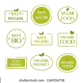 Organic healthy vegan food labels. Natural, fresh, organic food stickers collection. Vector graphic design.