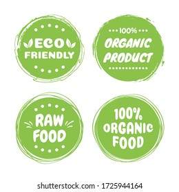 Organic healthy vegan food labels. Natural, fresh, organic food stickers collection. Vector graphic design.