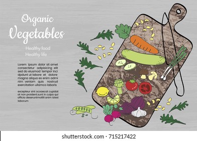 Organic healthy vegetables and kitchenware on a wooden surface.  conceptual doodles illustration. top view