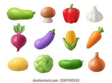 Organic and healthy vegetables set. Vector isolated icon in 3d style, aubergine and cucumber, mushroom and carrot, garlic clove and onion, corn and cabbage, potato and beetroot, pepper and zucchini