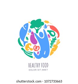 Organic healthy vegetarian food concept. Vector logo, label design template. Circle emblem with happy man and vegetables. Hand drawn doodle isolated illustration.