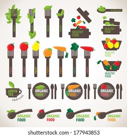 Organic, Healthy And Vegetarian Food Icons Set - Isolated On Gray Background - Vector Illustration, Graphic Design Editable For Your Design 