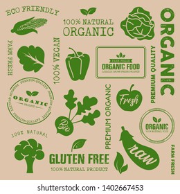 Organic and healthy, vegetarian food typographical vector background with lettering, stamps, vegetables.