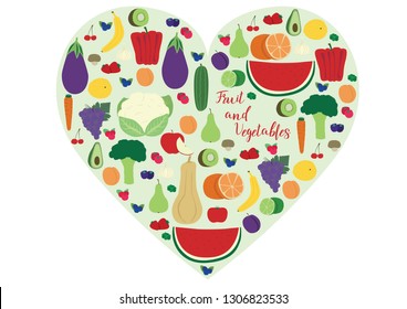 Organic heart fruit and vegetables vector illustration