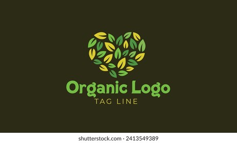 Organic heart shape logo template. Natural, plant, eco, green, leaves, farm logo design. Organic farming logo design.