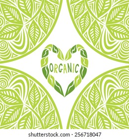 Organic heart sign green nature background with leaves vector illustration