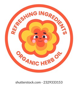 Organic herb oil, refreshing ingredients and beauty routine products. Isolated icon with blooming flower character with face. Package logotype or label, emblem or logo. Vector in flat styles